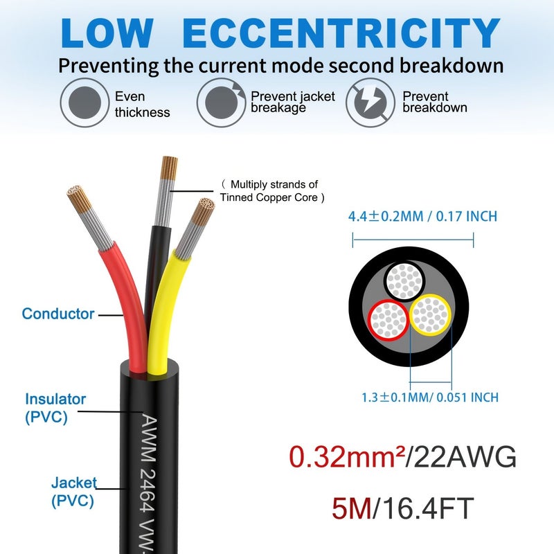 0 32 Mm2 22 AWG 3 Conductor Electrical Wire 12 24 36V 10M 32 8FT Black PVC Stranded Tinned Copper Cable for LED Lighting Outdoor Low Voltage Extension Automotive Trailer Marine - Image 3