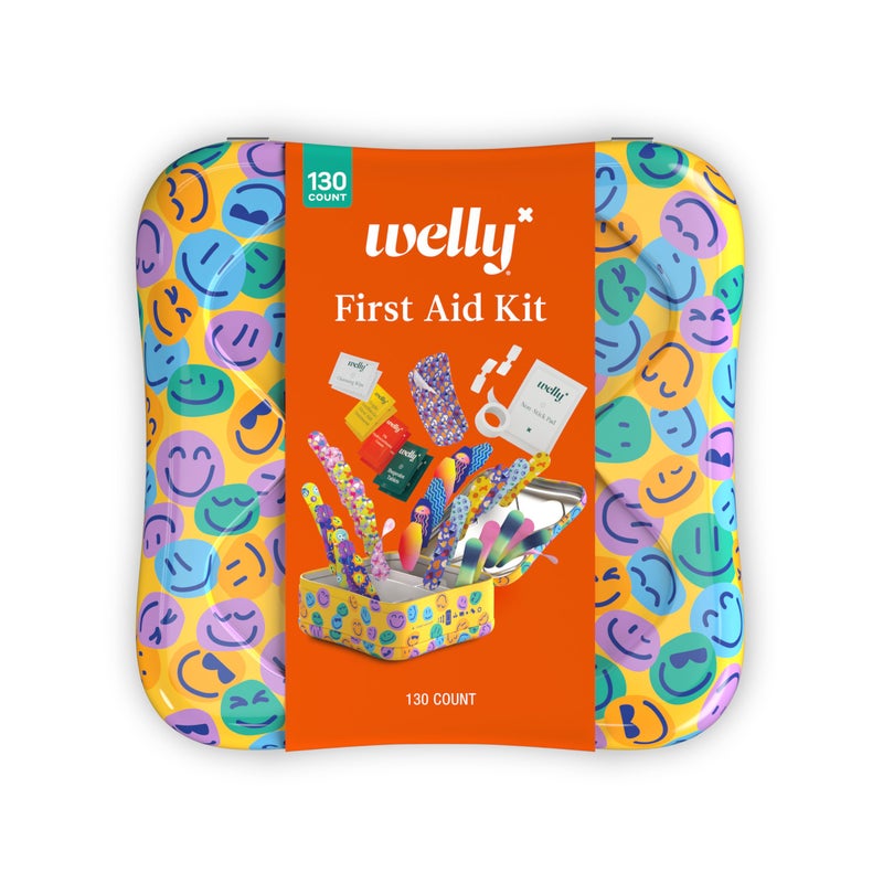 Welly First Aid Kit - Adhesive Flexible Fabric and Waterproof Bandages, Tape and Non-Stick Pads, Butterfly Strips, Single Use Ointments Triple Antibiotic and Hydrocortisone, and Ibuprofen - 130 Count - Image 1