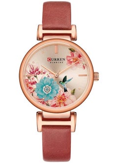 CURREN 9053 Leather Strap Watch, Beautiful Flower Design Wrist Watch for Women (RED)