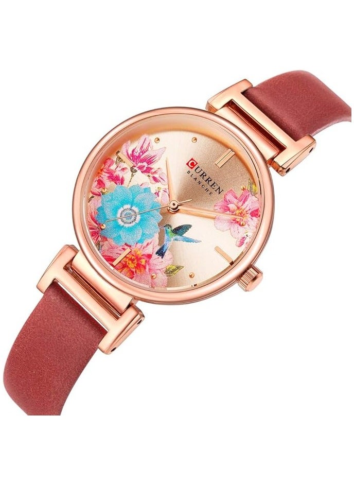 CURREN - CURREN 9053 Leather Strap Watch, Beautiful Flower Design Wrist Watch for Women (RED) - Image 1