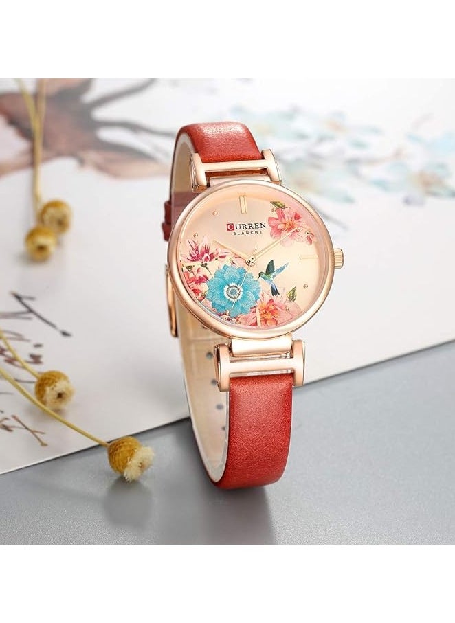 CURREN - CURREN 9053 Leather Strap Watch, Beautiful Flower Design Wrist Watch for Women (RED) - Image 1