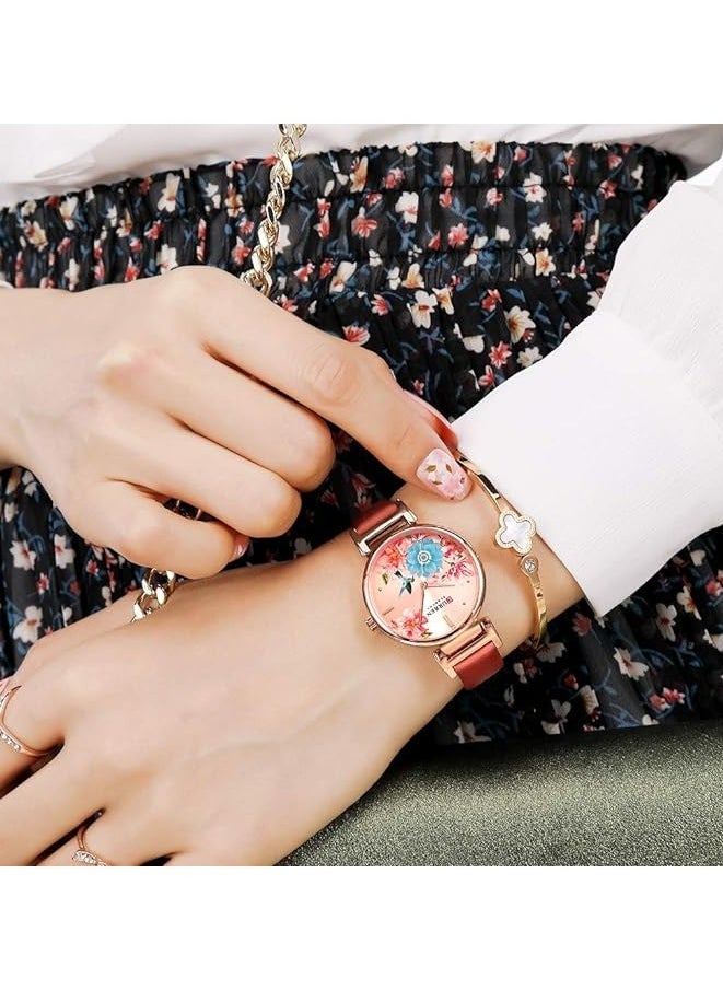 CURREN - CURREN 9053 Leather Strap Watch, Beautiful Flower Design Wrist Watch for Women (RED) - Image 1