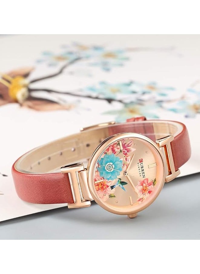 CURREN - CURREN 9053 Leather Strap Watch, Beautiful Flower Design Wrist Watch for Women (RED) - Image 1