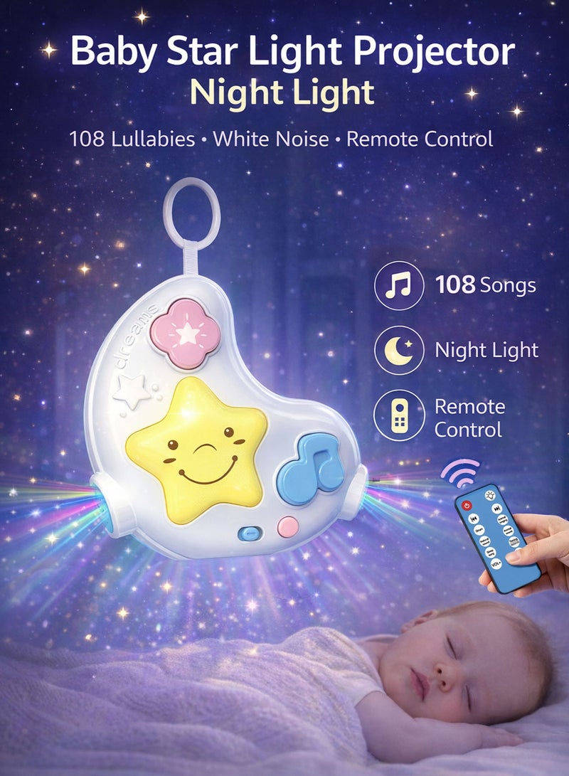 Oobidoo Baby Star Projector Night Light Musical Sleep Soother White Noise Machine Infant Toy with Remote Control 108 Lullabies 10 Animal Sounds 2 Nature Sounds Portable Hanging Crib Stroller Baby Sleep Aid Soft LED Night Lamp for Newborn Toddler Kids Travel Friendly - Image 2
