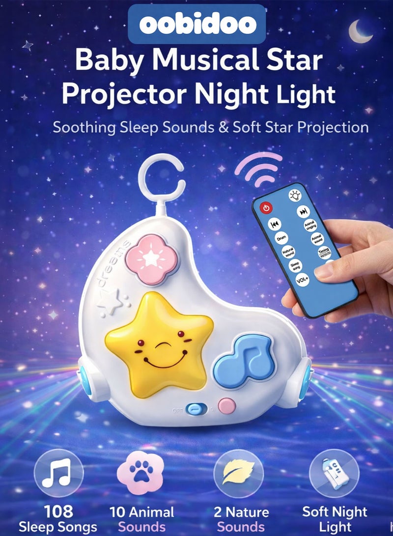 Oobidoo Baby Star Projector Night Light Musical Sleep Soother White Noise Machine Infant Toy with Remote Control 108 Lullabies 10 Animal Sounds 2 Nature Sounds Portable Hanging Crib Stroller Baby Sleep Aid Soft LED Night Lamp for Newborn Toddler Kids Travel Friendly - Image 1
