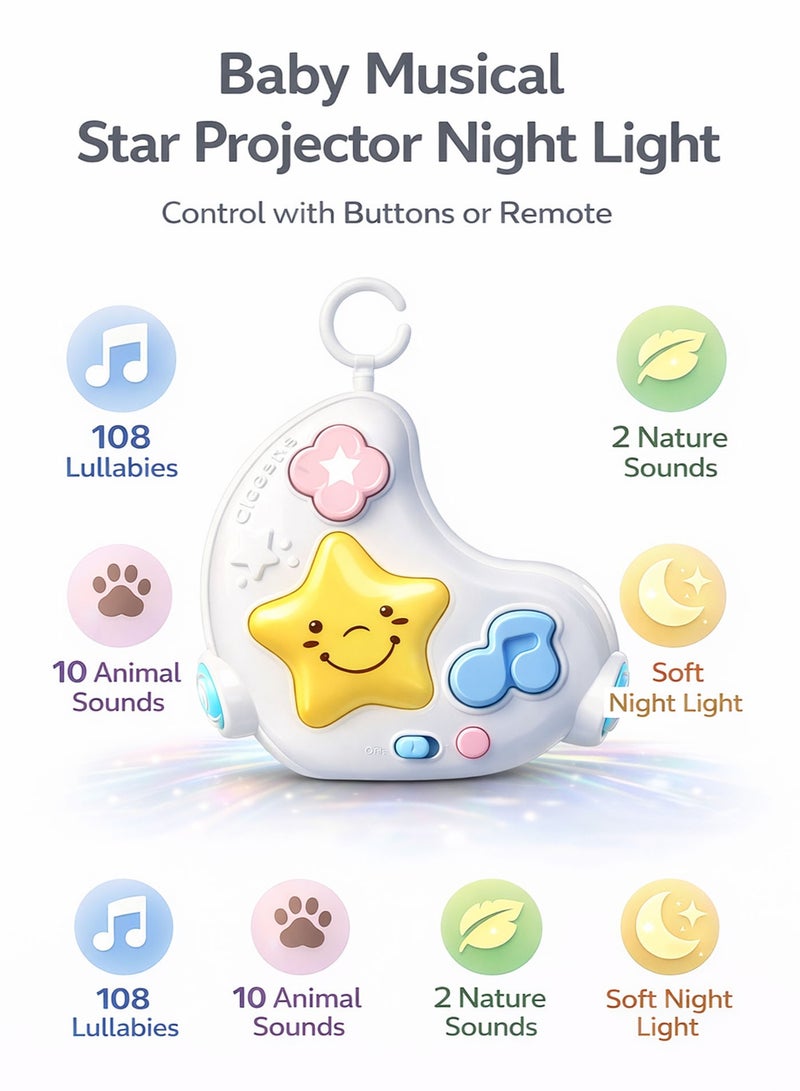 Oobidoo Baby Star Projector Night Light Musical Sleep Soother White Noise Machine Infant Toy with Remote Control 108 Lullabies 10 Animal Sounds 2 Nature Sounds Portable Hanging Crib Stroller Baby Sleep Aid Soft LED Night Lamp for Newborn Toddler Kids Travel Friendly - Image 3