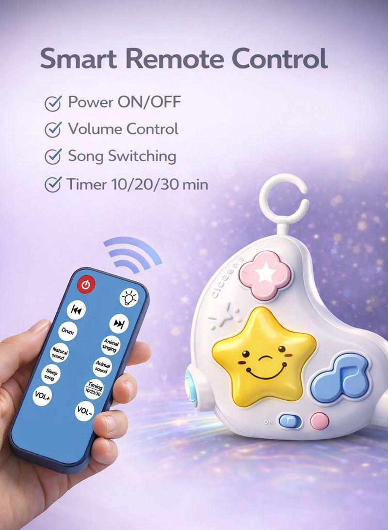 Oobidoo Baby Star Projector Night Light Musical Sleep Soother White Noise Machine Infant Toy with Remote Control 108 Lullabies 10 Animal Sounds 2 Nature Sounds Portable Hanging Crib Stroller Baby Sleep Aid Soft LED Night Lamp for Newborn Toddler Kids Travel Friendly - Image 4