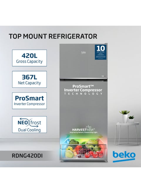 Refrigerator 420 Liters Gross(367 Net) Capacity, Double Door, Top Mount, No Frost, Harvest Fresh Technology, NeoFrost Dual Cooling, Low Noise, CoolRoom, 10 Years Warranty on ProSmart Inverter Compressor - RDNG420DI silver