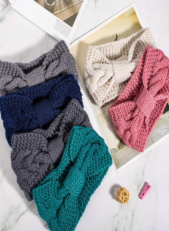 Whaline 6 Pieces Knit Headbands Winter Ear Warmers, Twisted Elastic Turban Head Wraps with Bow Knot, Hair Band Accessories, Hair Scrunchies Scarves for Women Girls (Blue Pink Colors) - Image 4