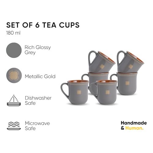 Shay Royal Tea Cup Set, Set of 6, Grey, 180ml | Cup Set of 6 for Tea | Glossy Finish | Premium Ceramic (Royal Tea Cups - Grey) - Image 2