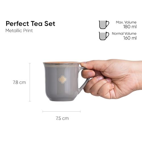 Shay Royal Tea Cup Set, Set of 6, Grey, 180ml | Cup Set of 6 for Tea | Glossy Finish | Premium Ceramic (Royal Tea Cups - Grey) - Image 4