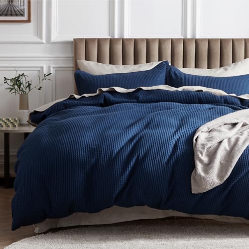 Bedsure Cotton Duvet Cover Queen - 100% Cotton Waffle Weave Navy Blue Duvet Cover Queen Size, GentleSoft™ and Breathable Bedding Set for All Season, 3 Pieces, 90"x90" - Image 1