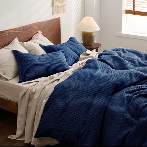 Bedsure Cotton Duvet Cover Queen - 100% Cotton Waffle Weave Navy Blue Duvet Cover Queen Size, GentleSoft™ and Breathable Bedding Set for All Season, 3 Pieces, 90"x90" - Image 3