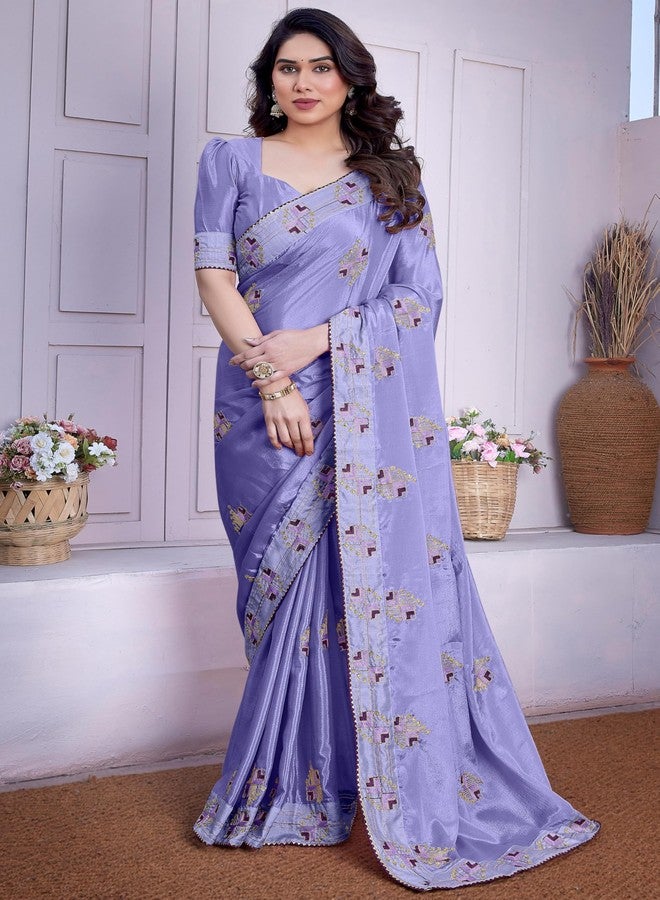 Subham Women's Silk Blend Stone Work Embroidered Saree with Blouse Piece (50714 - Light Violet, Magenta,Gold) - Image 1