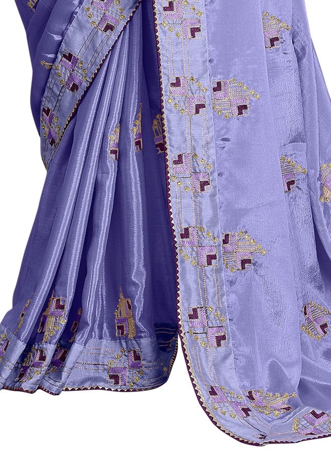 Subham Women's Silk Blend Stone Work Embroidered Saree with Blouse Piece (50714 - Light Violet, Magenta,Gold) - Image 5