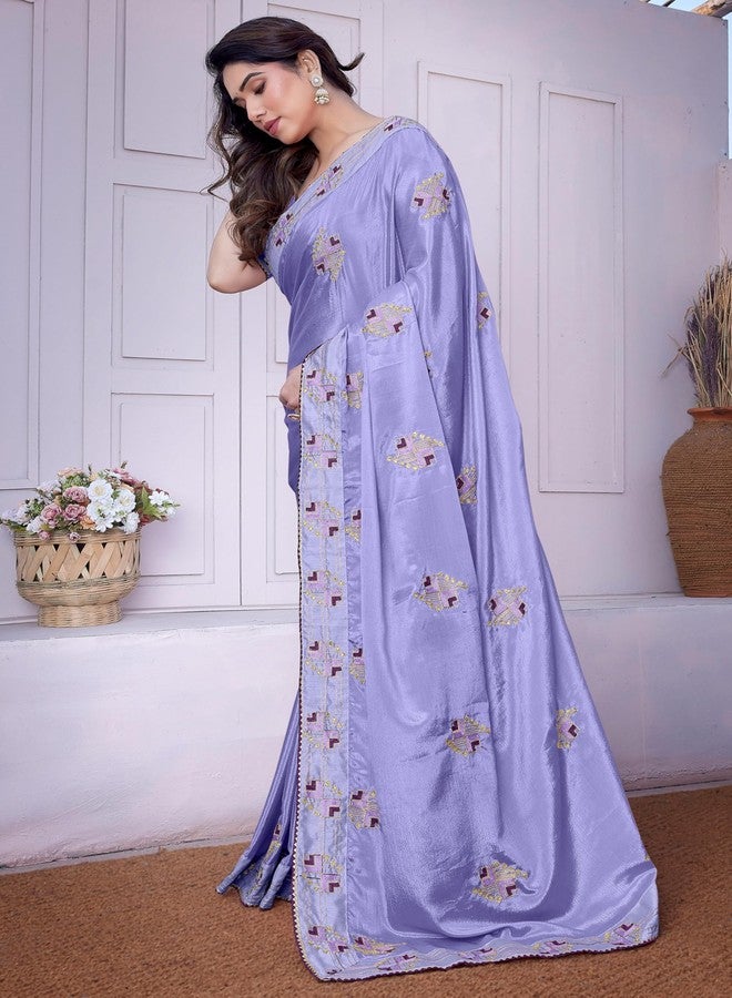 Subham Women's Silk Blend Stone Work Embroidered Saree with Blouse Piece (50714 - Light Violet, Magenta,Gold) - Image 2