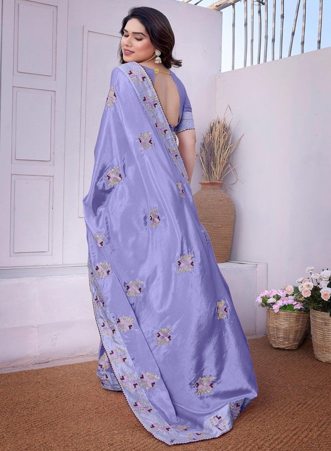 Subham Women's Silk Blend Stone Work Embroidered Saree with Blouse Piece (50714 - Light Violet, Magenta,Gold) - Image 3