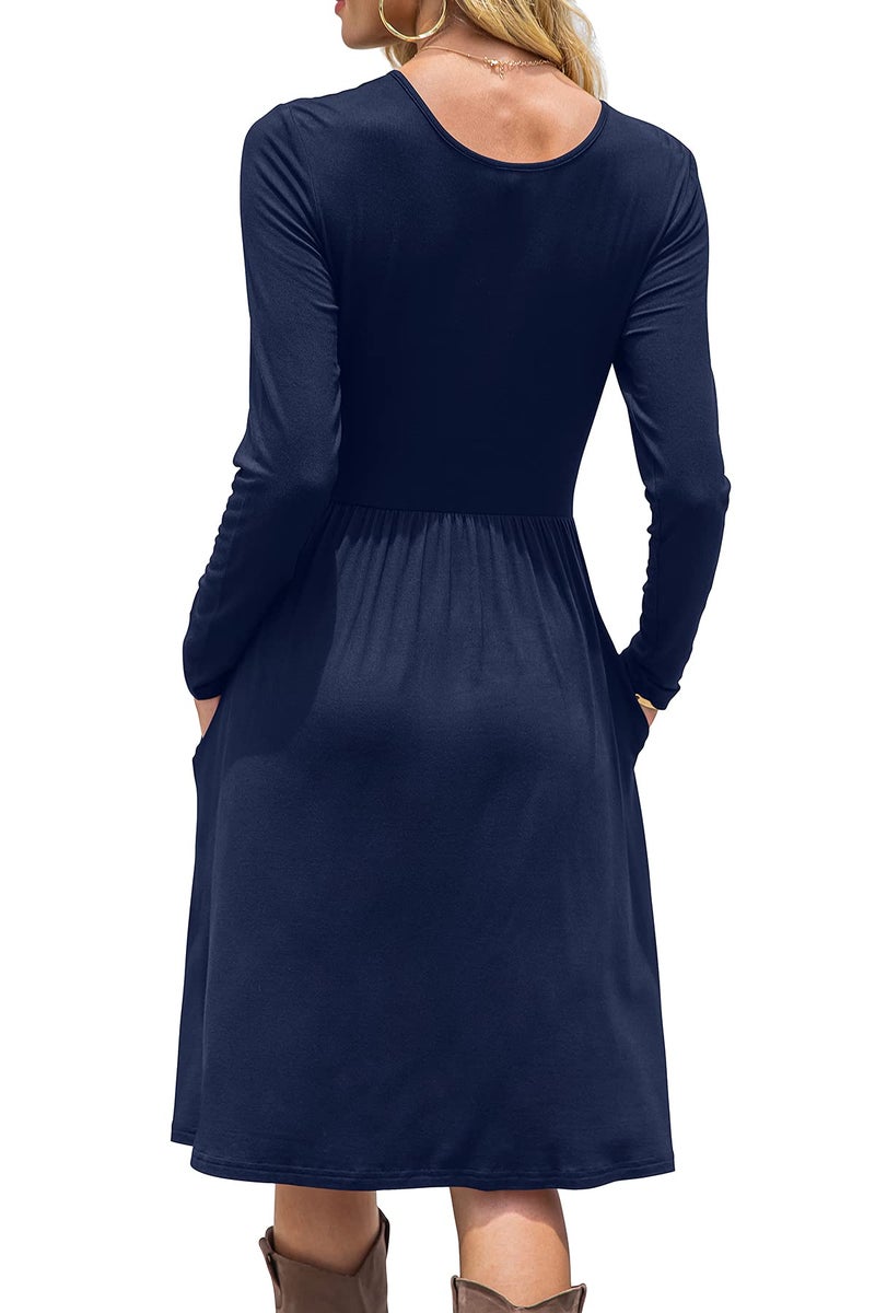 DB MOON Women Casual Long Sleeve Dresses Empire Waist Loose Dress with Pockets (Navy Blue, 2XL) - Image 2