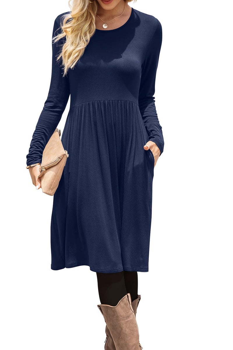 DB MOON Women Casual Long Sleeve Dresses Empire Waist Loose Dress with Pockets (Navy Blue, 2XL) - Image 1