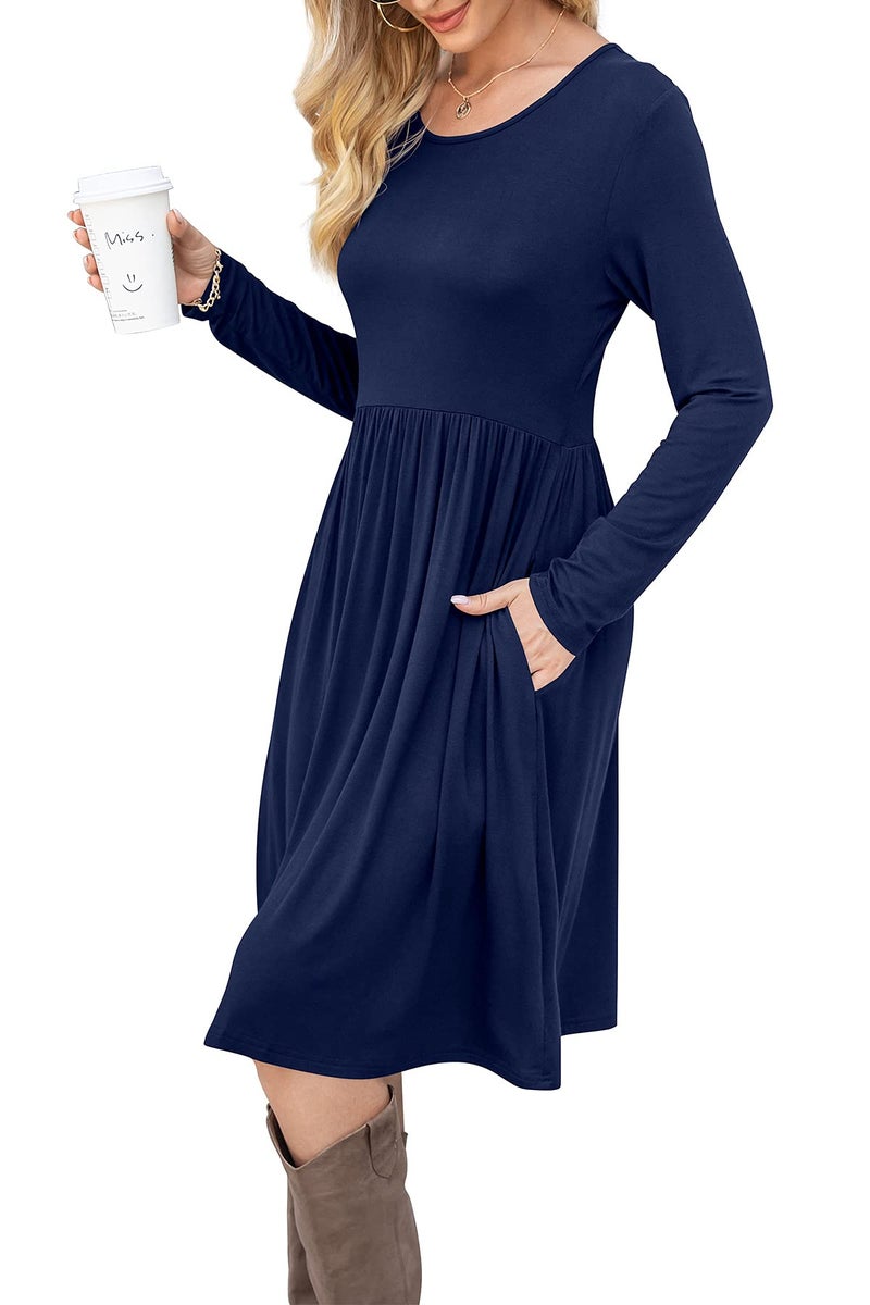 DB MOON Women Casual Long Sleeve Dresses Empire Waist Loose Dress with Pockets (Navy Blue, 2XL) - Image 3