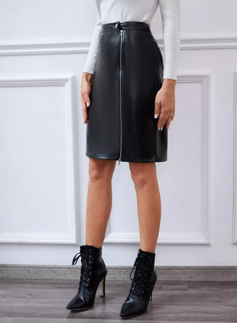 Zipper Front PU Leather Skirt  - Image 3