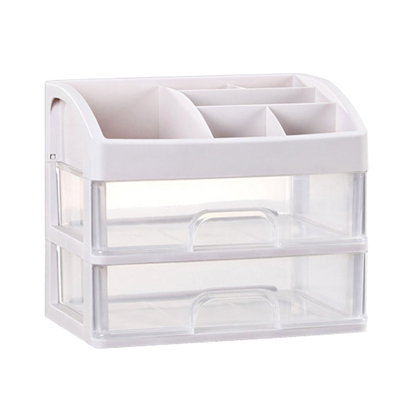 Cosmetic Storage Box: 2-Layer White Plastic Drawer Design - Space-Saving Water-Resistant Makeup Organizer for Bedroom Bathroom Dressing Room - Image 1