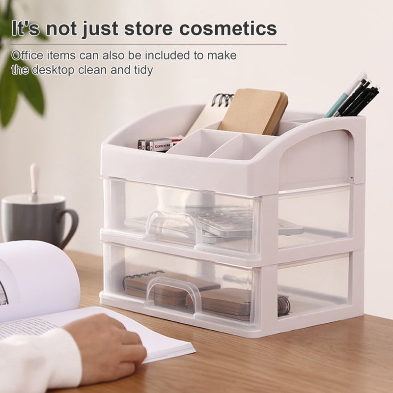 Cosmetic Storage Box: 2-Layer White Plastic Drawer Design - Space-Saving Water-Resistant Makeup Organizer for Bedroom Bathroom Dressing Room - Image 5