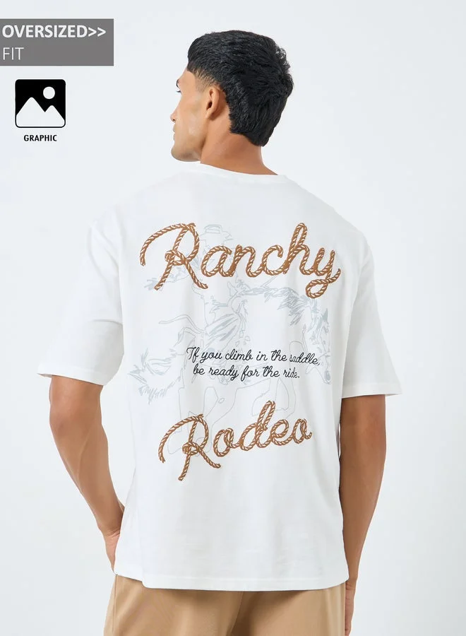 Styli Men White Ranchy Rodeo Graphic Oversized T-Shirt