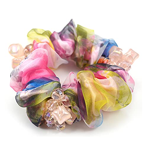 KINFENE Elegant Bling Boho Lace Fabric Crystal Beads Hair Ties Hair Ropes Hair Scrunchies Elastics Ponytail Holders Hair Jewelry Hair Wrist Ties Bands Scrunchies Hair Accessory for Show Gym Dance Party for Girl Women (Colour) - Image 4