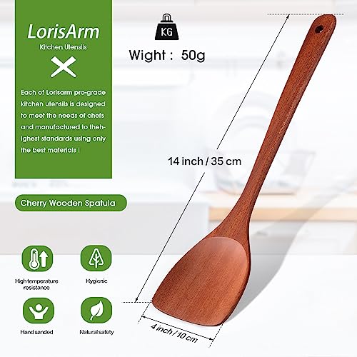LorisArm 14-inch Cherry Wooden Spatula Turner Long Handle, Wood Kitchen Spatula Turner, Egg Scraper, Wood Cooking Utensil, Kitchen Spatulas for Flipping, Serving, Scraping & Turning. - Image 3