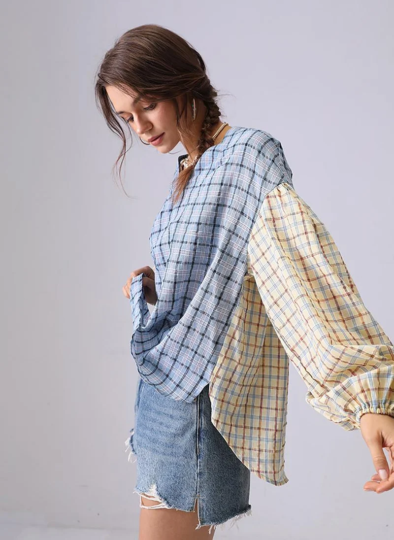 YUNIQEE Blue & Yellow Collarless Puff Sleeves Boxy Shirt