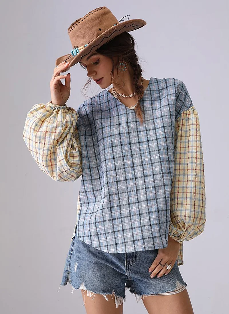 YUNIQEE Blue & Yellow Collarless Puff Sleeves Boxy Shirt