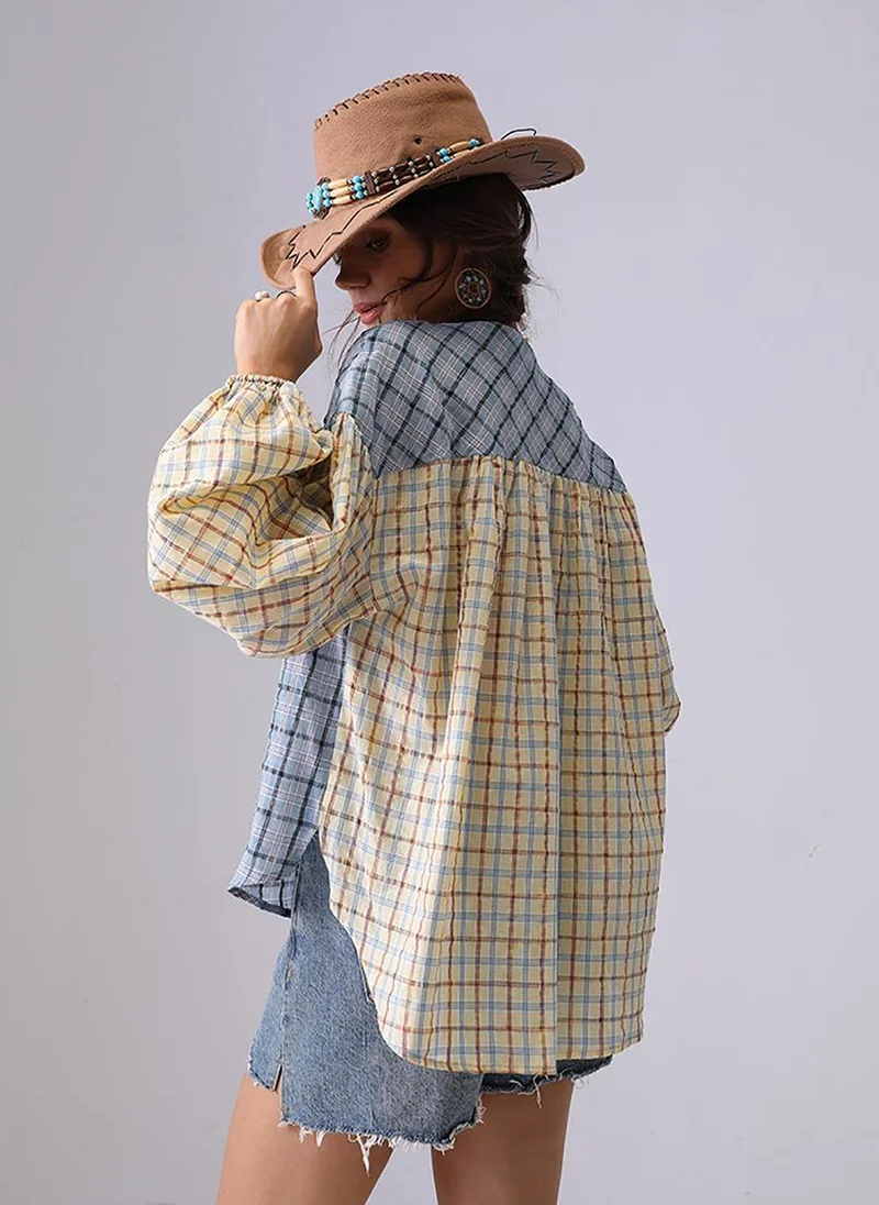 YUNIQEE Blue & Yellow Collarless Puff Sleeves Boxy Shirt