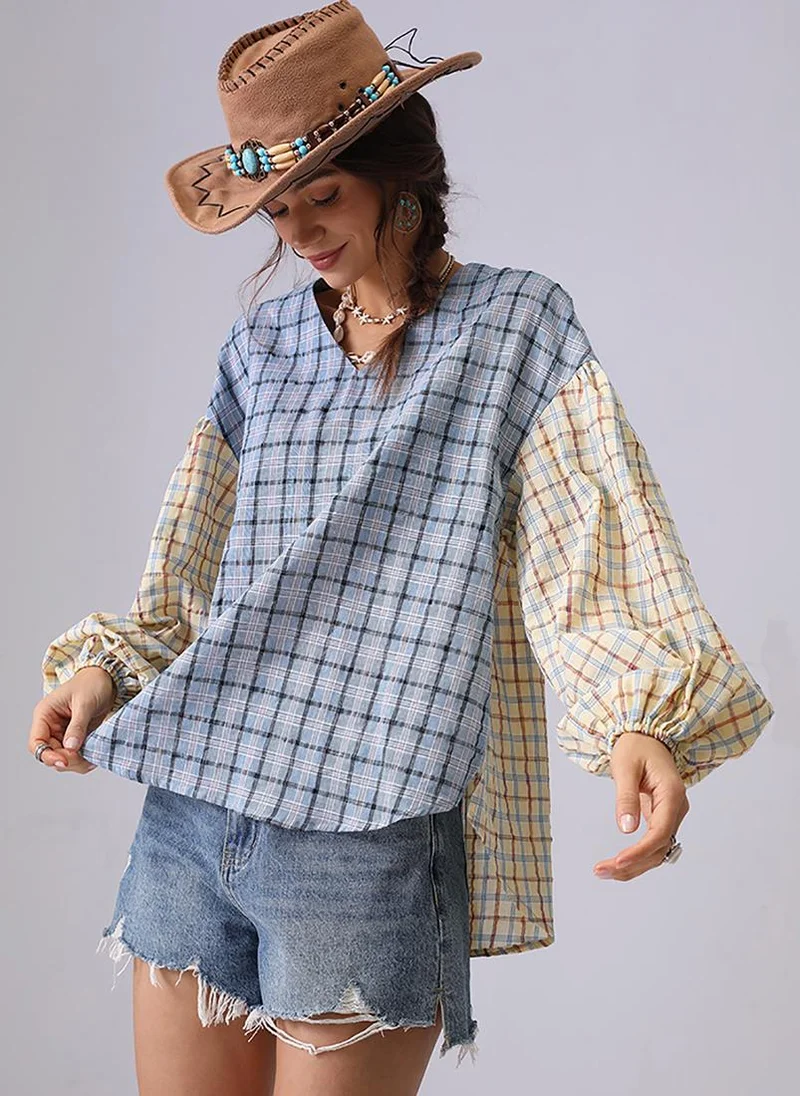 YUNIQEE Blue & Yellow Collarless Puff Sleeves Boxy Shirt