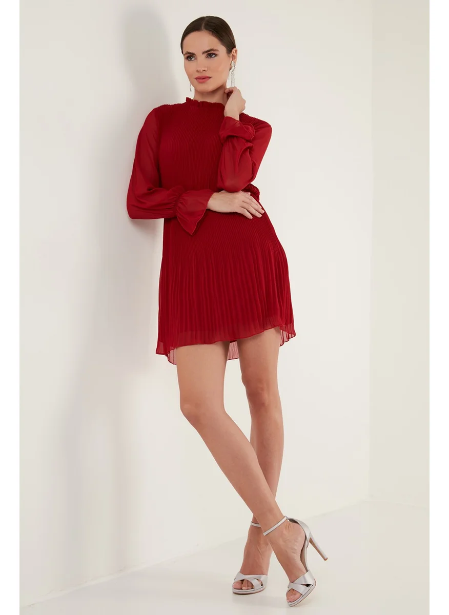 Lela Sleeve Detailed Pleated Chiffon Mini Dress Women's Dress 611SHN03