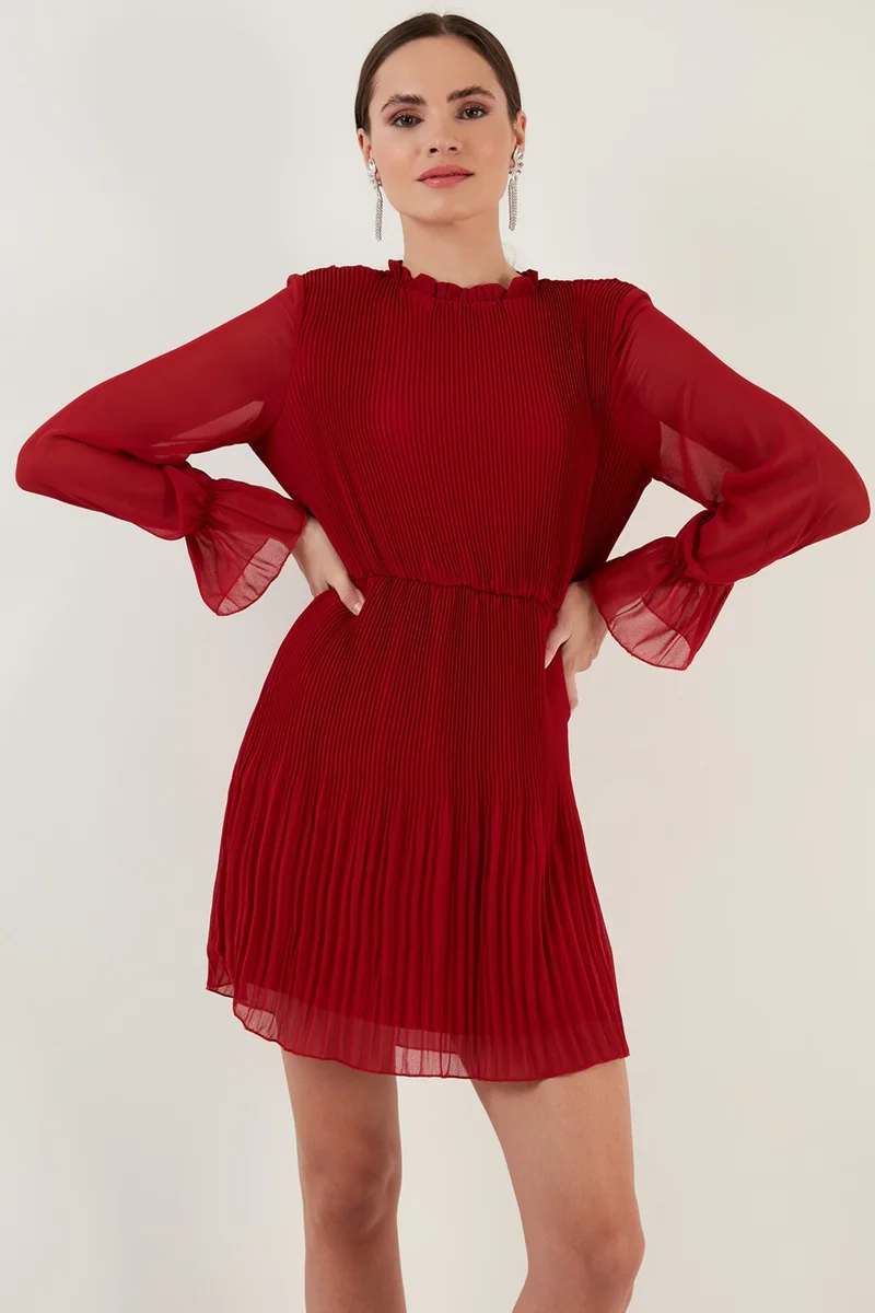 Lela Sleeve Detailed Pleated Chiffon Mini Dress Women's Dress 611SHN03