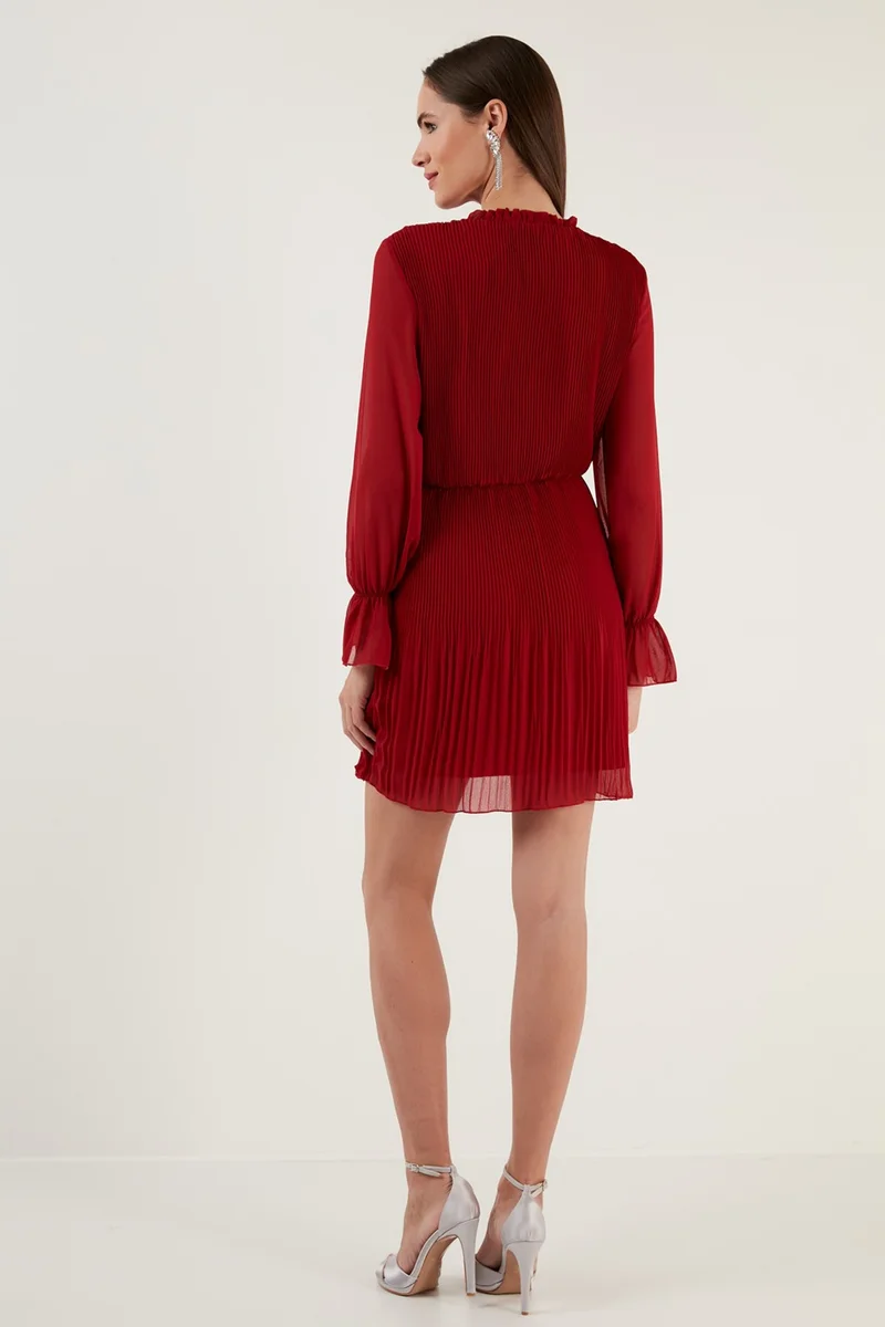 Lela Sleeve Detailed Pleated Chiffon Mini Dress Women's Dress 611SHN03