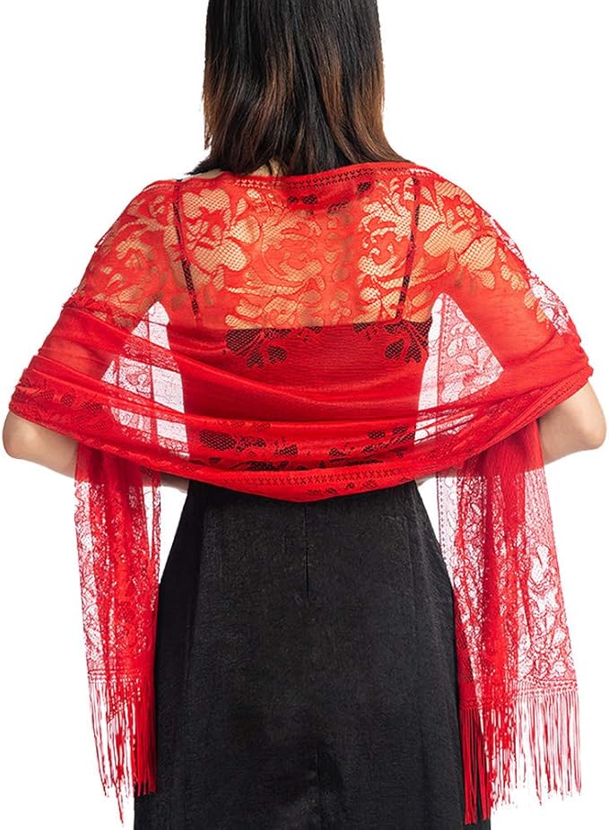 Ladiery Women's Floral Lace Shawl with Tassels, Soft Mesh Fringe Wraps for Wedding Evening Party Dresses - Image 1