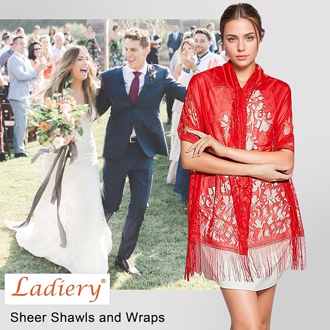Ladiery Women's Floral Lace Shawl with Tassels, Soft Mesh Fringe Wraps for Wedding Evening Party Dresses - Image 2