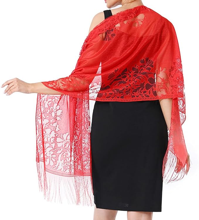 Ladiery Women's Floral Lace Shawl with Tassels, Soft Mesh Fringe Wraps for Wedding Evening Party Dresses - Image 3