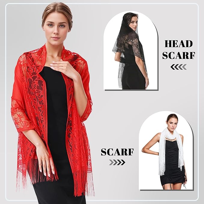Ladiery Women's Floral Lace Shawl with Tassels, Soft Mesh Fringe Wraps for Wedding Evening Party Dresses - Image 5