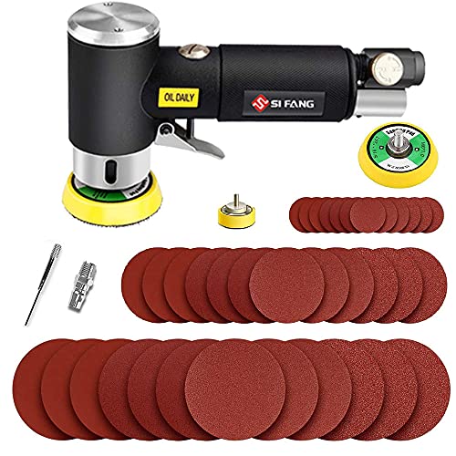 SI FANG Mini Air Sander 1/2/3 Inch Pneumatic Small Orbital Sander for Auto Body Work, Mini Polisher with 45PCS Sanding Discs + 3PCS Backing Pads, Air Powered - Image 1
