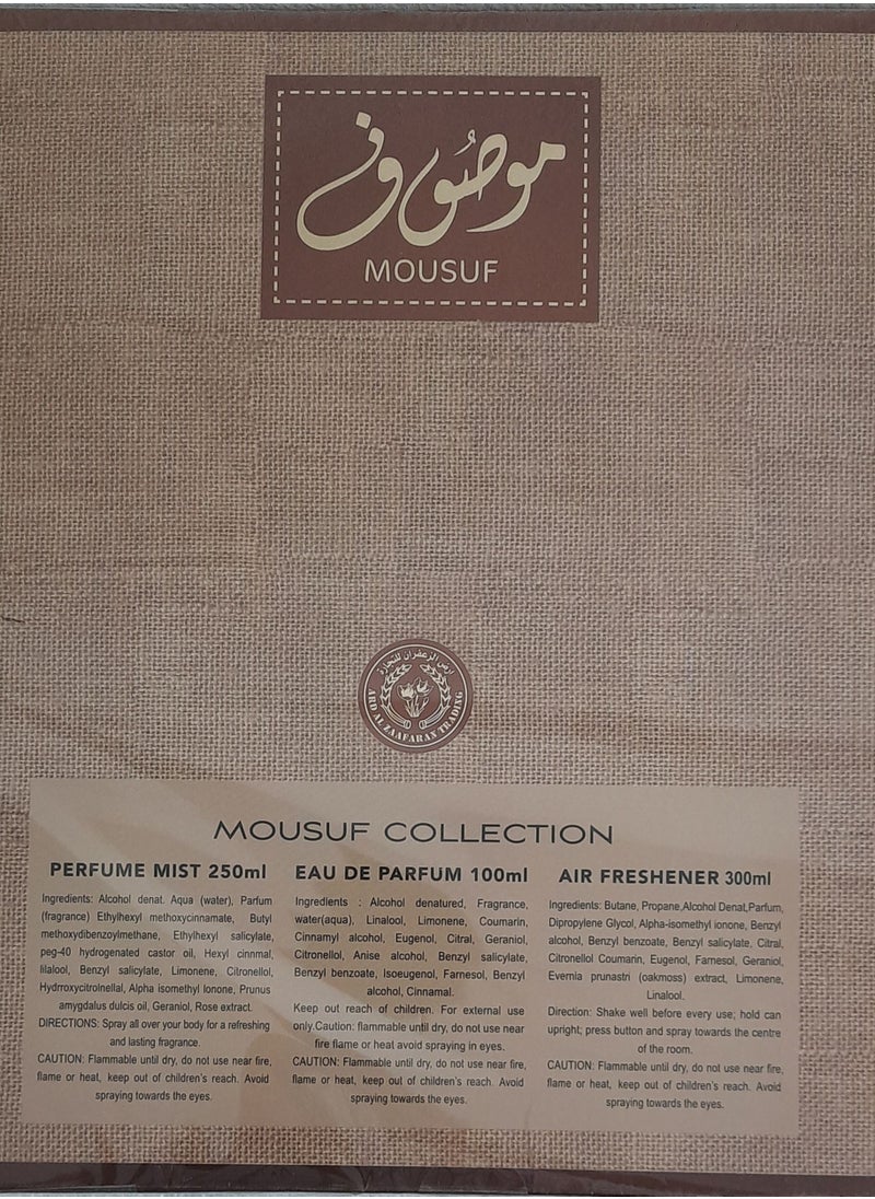 Ard Al Zaafaran Mousuf Men & Women Gift Set Edp 100ml, Body Mist  250ml, Air Freshener 300ml  - Image 2