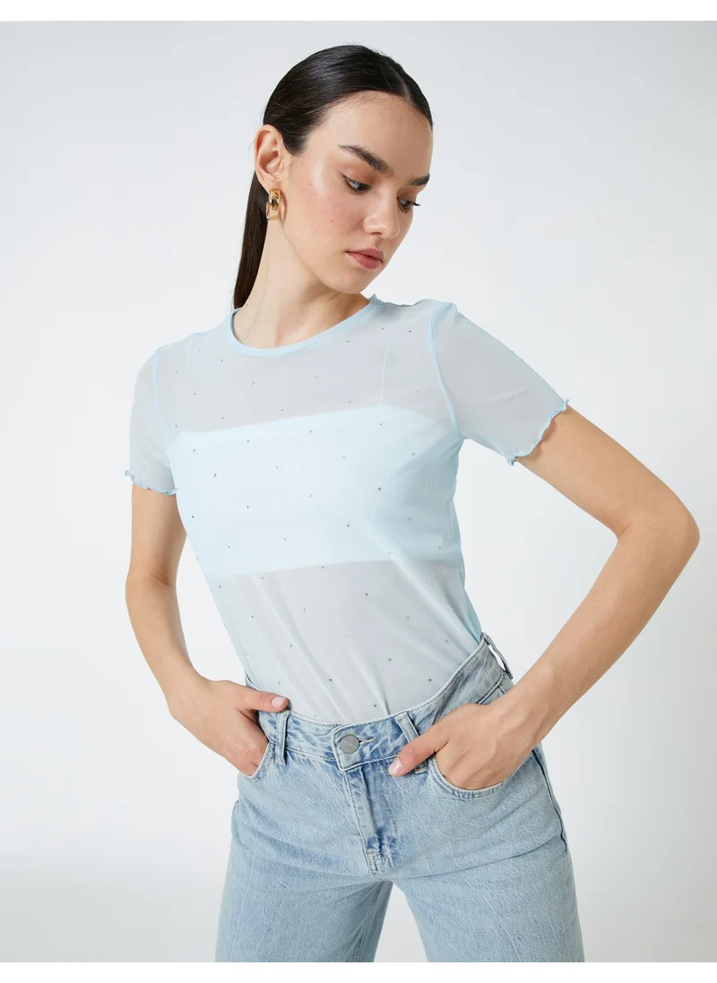 KOTON Transparent T-Shirt with Stone Detail Short Sleeve