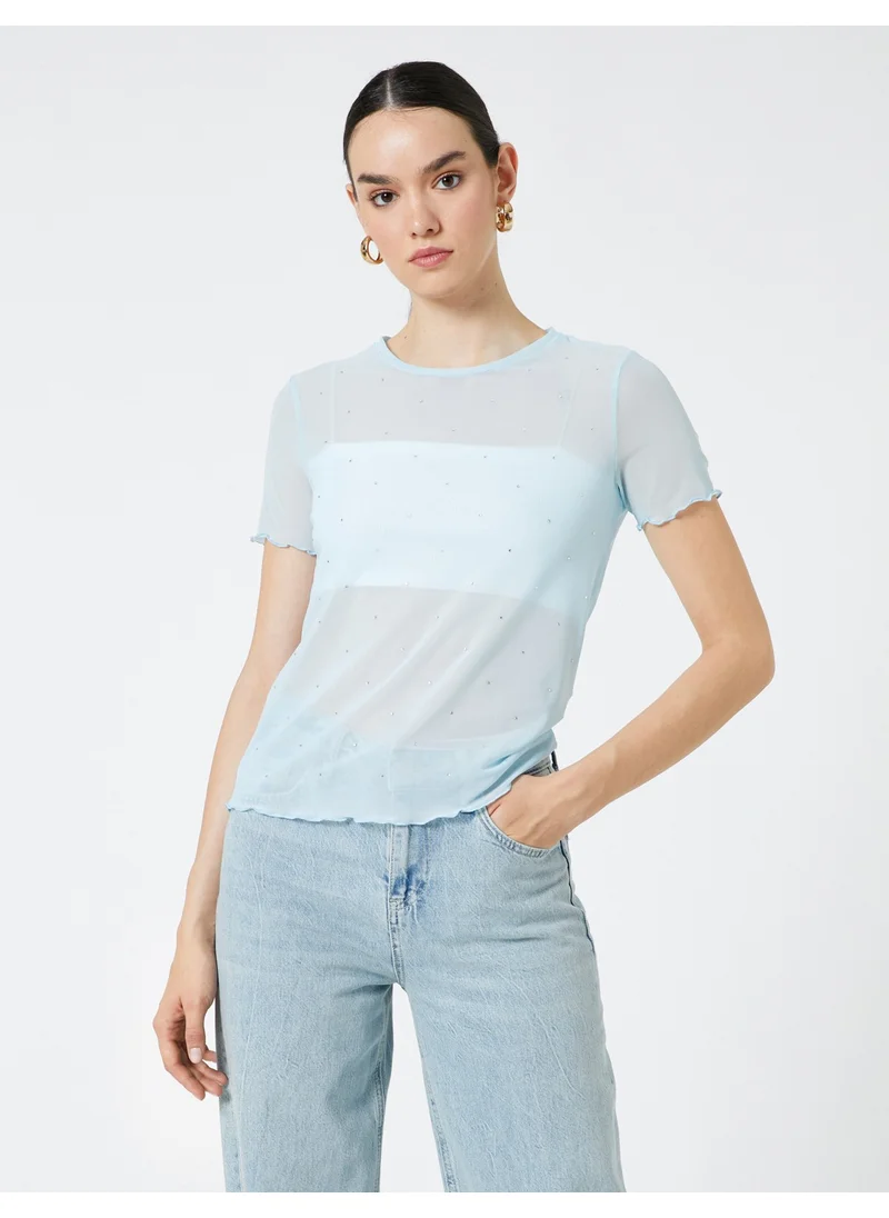 كوتون Transparent T-Shirt with Stone Detail Short Sleeve