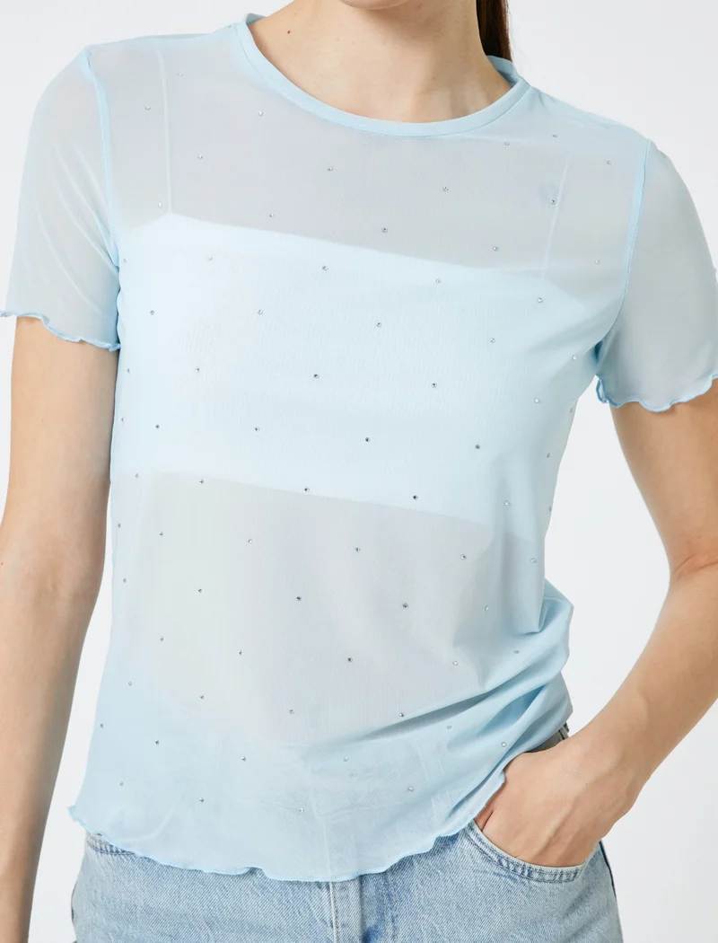 KOTON Transparent T-Shirt with Stone Detail Short Sleeve