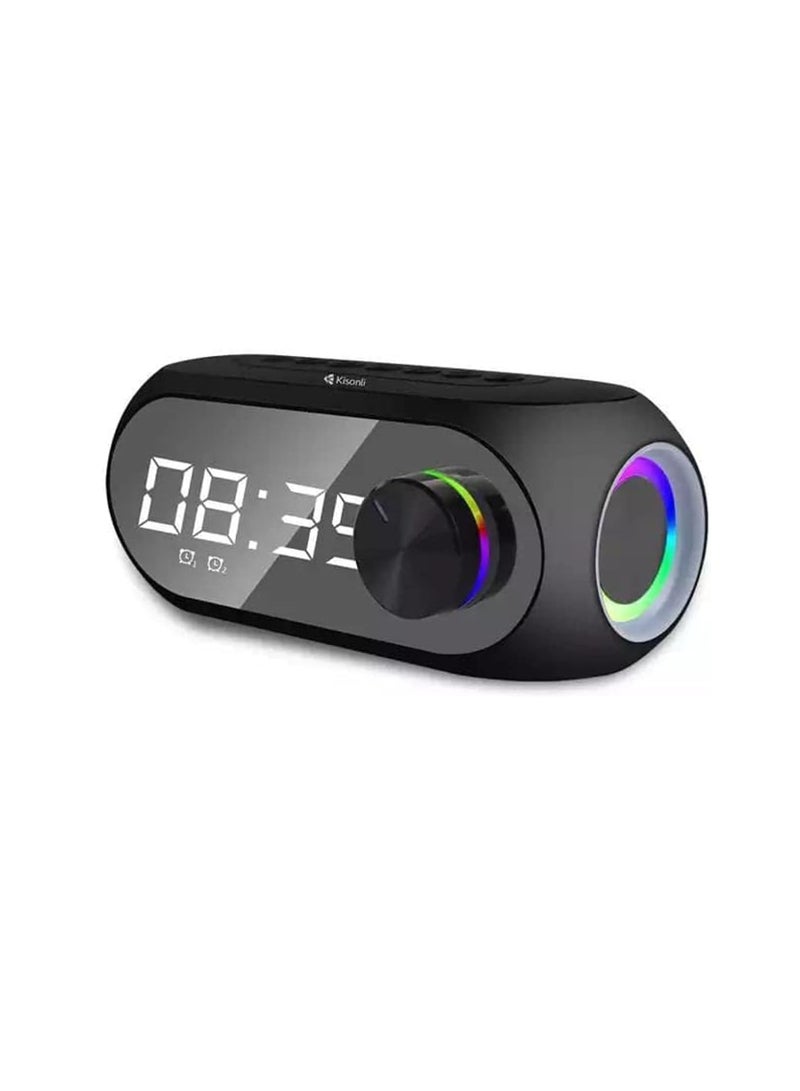 Kisonli lp-2s speaker rgb music speaker, alarm clock, bluetooth, speaker-rgb light, tf-card for mobile, mirror & lcd display large mirror display screen, black - Image 1