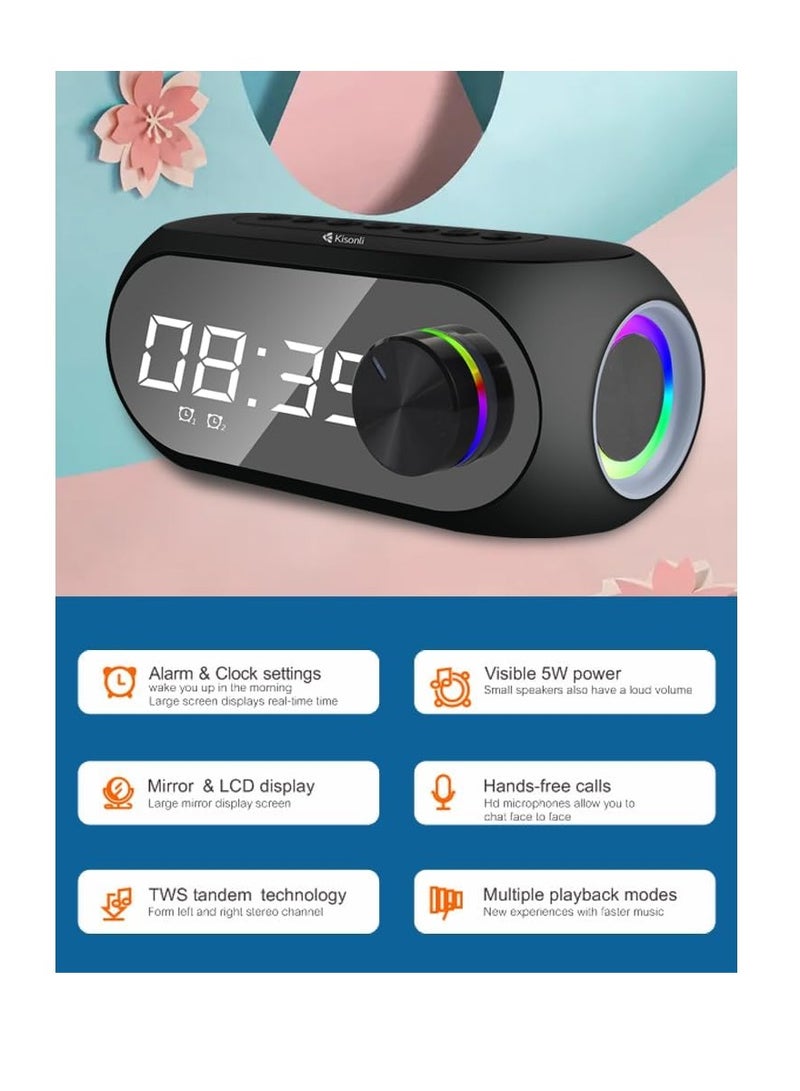 Kisonli lp-2s speaker rgb music speaker, alarm clock, bluetooth, speaker-rgb light, tf-card for mobile, mirror & lcd display large mirror display screen, black - Image 5