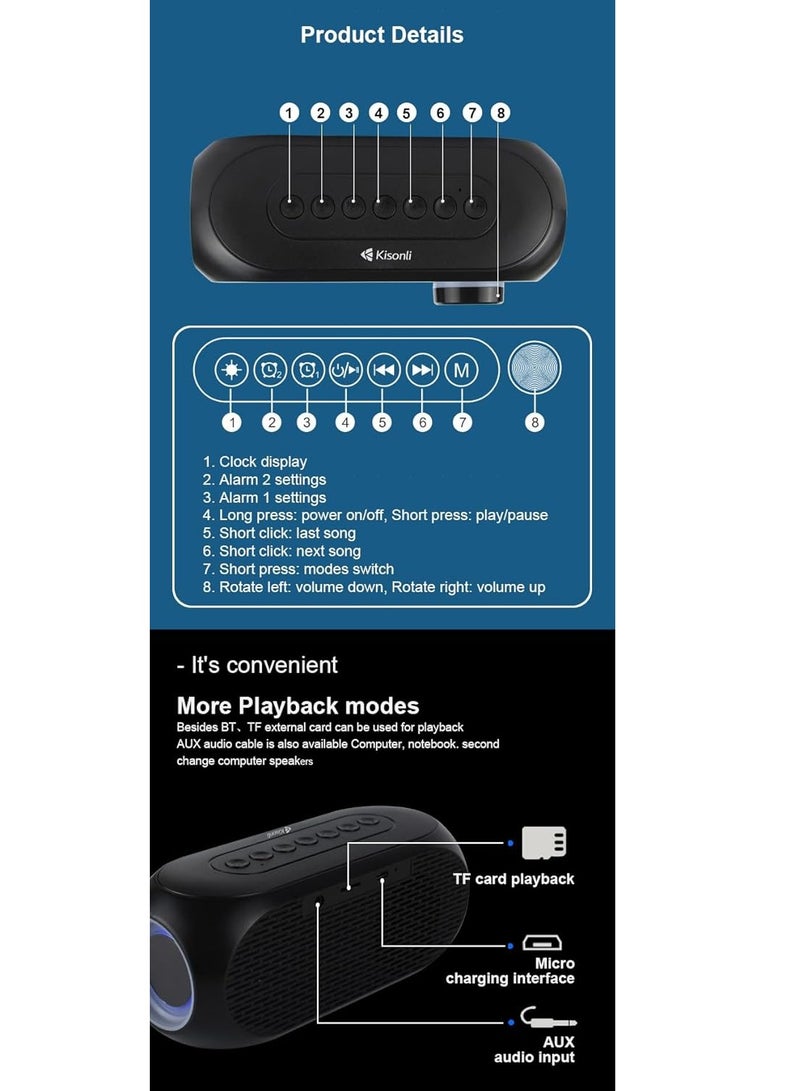 Kisonli lp-2s speaker rgb music speaker, alarm clock, bluetooth, speaker-rgb light, tf-card for mobile, mirror & lcd display large mirror display screen, black - Image 4