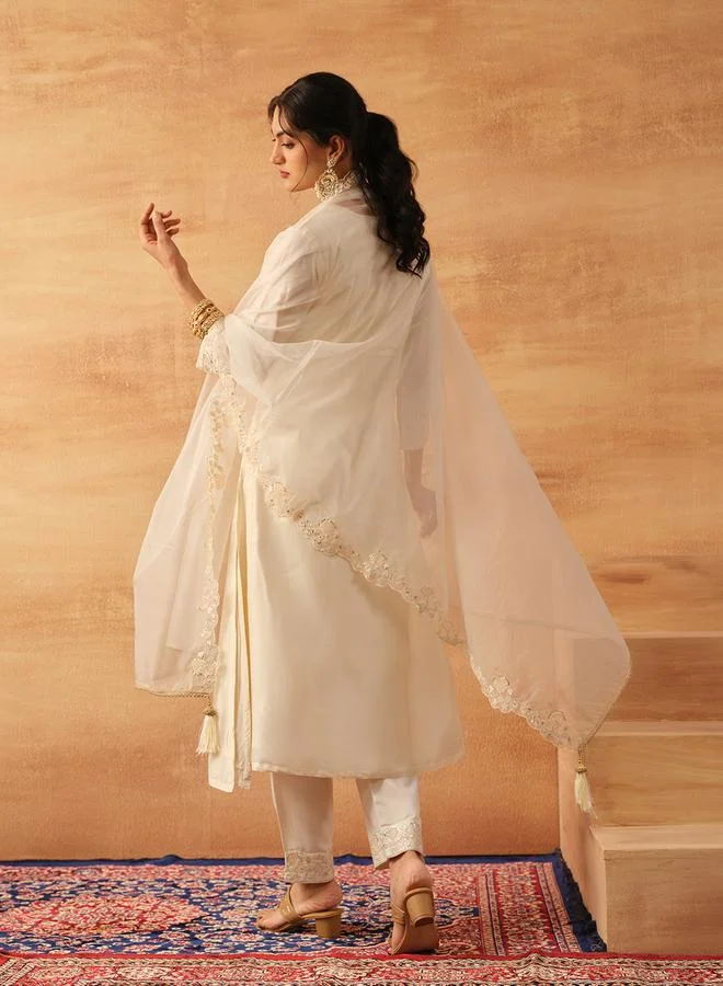 ISHIN Women's Off White Silk Blend Embellished Tunic Top With Ankle Palazzo Flared 3 Peice Kurta Set